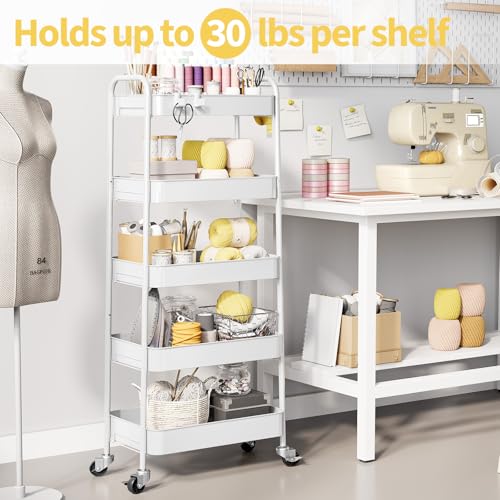 TOOLF 5-Tier Metal Rolling Cart with Wheels, Storage Utility Organizer Cart for Kitchen, Bathroom, Office, Baby Essentials & Makeup - Lockable Casters, Easy Assembly, Large Capacity, White - color: White, size: 5-Tier