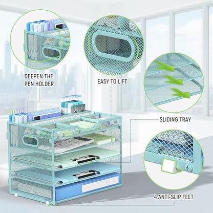 Docnest 5 Tier Mesh Desk Organizer with Removable Tray&Pen Holder, Blue - color: Blue, size: 12.6"x9.1"x10.3"