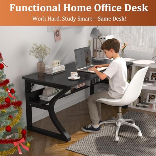 47'' Computer Desk w/Storage & Cable Management, Home Office Desk w/Sturdy U-Shaped Metal Frame & Water-Resistant Scratchproof Surface, Study Writing Desk for Office & Bedroom, Black - size: 47inch-Black
