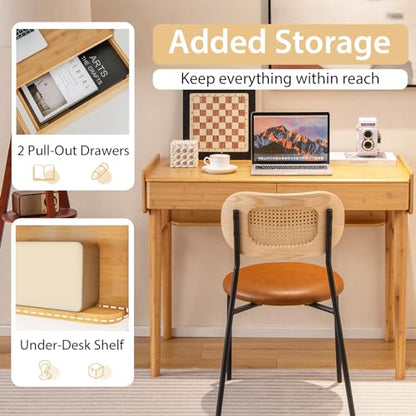 Tangkula Bamboo Mid Century Desk with 2 Storage Drawers, Home Office Study Writing Desk with Shelf & Cable Management Groove, Home Office Desk for Working & Learning (Natural) - color: Natural