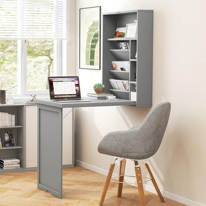 Wall Mounted Desk, Wood Collapsible Floating Desk, Convertible Computer Desk with Storage Area, Hanging Fold Out Table for Home Office, Small Spaces (Grey) - color: Grey