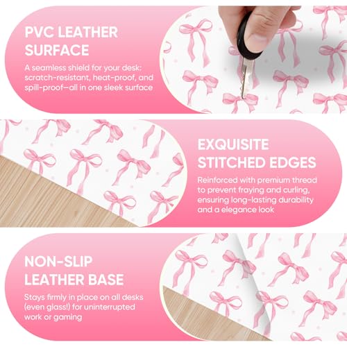 Desk Mat, XXL Large Mouse Pad,Leather Desk Pad Blotter Protector,Computer Laptop Mouse Pads for Desktop,Waterproof Writing Anti-Slip Mousepad for Office and Home I Pink Bow Girly - color: Pink Bow Girly