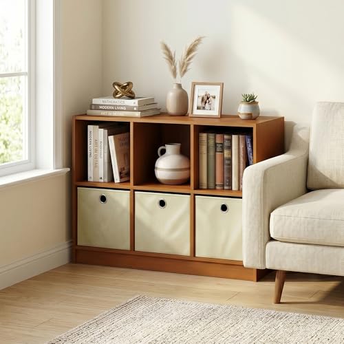 6-Cube Bookshelf with Storage Bins, Cube Bookcase, Book Shelf with Storage Bins, 11.9 x 31.6 x 23.6, for Organization and Storage, Home Office, Living Room, Light Cherry - color: Light Cherry/Ivory, size: 6 Cube