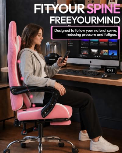 Dowinx Ergonomic Gaming Chair with Footrest & Massage Lumbar, 2D-Linkage Armrests for Computer Chair 330lbs with Headrest Pillow for Office, Home, Streaming and Long Gaming Sessions, Fabric Pink White - color: Pink White