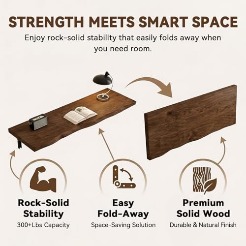 Wall Mounted Folding Table, Solid Wood Live Edge Drop Leaf Design | 300 lb Capacity, Murphy Style, Walnut Finish, Laundry Room, Craft Room, Home Office, Space Saving, 39.4"/100cm - color: Walnut, size: 39.4"x17.7"