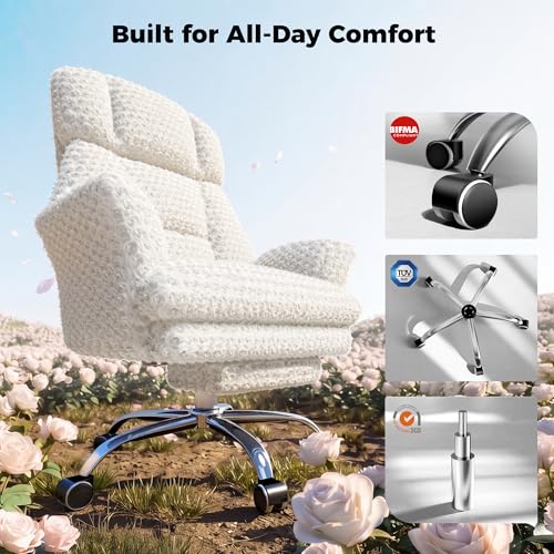 Big and Tall Office Chair, Flip Armrests for Pets & Cross Legged Sitting | Executive Ergonomic Computer Gaming Chair with Foot Rest, White Rose Velvet Wide Seat Reclining Desk Chair - color: White Rose Velvet