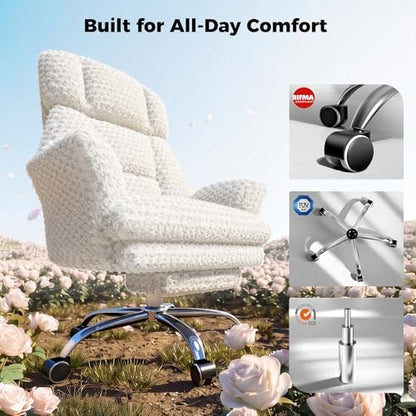 Big and Tall Office Chair, Flip Armrests for Pets & Cross Legged Sitting | Executive Ergonomic Computer Gaming Chair with Foot Rest, White Rose Velvet Wide Seat Reclining Desk Chair - color: White Rose Velvet