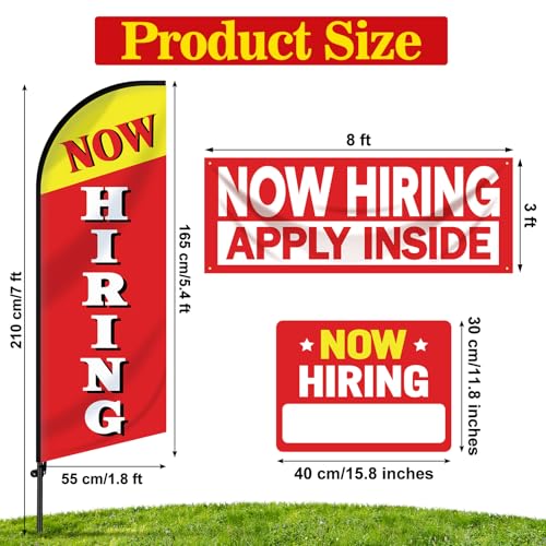 4 Pcs Feather Flag Set Include 2 Now Hiring Sign with Stake 7 ft