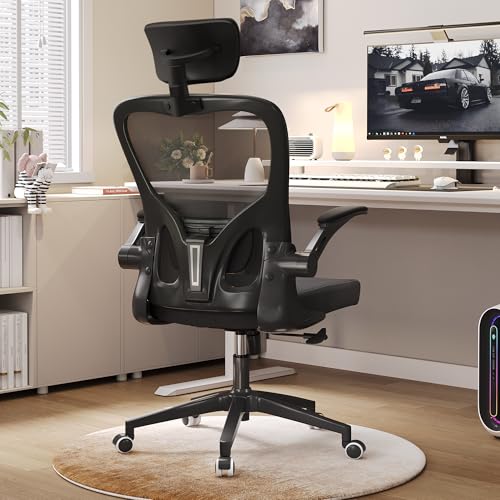 Monhey Office Chair Ergonomic Desk Chair with Lumbar Support&Headrest&Flip-up Arms Height Adjustable Rocking Swivel High Computer Chair Multi-Angle from 90° to 125° with 350LBS Capacity (03All Black) - color: 03all Black
