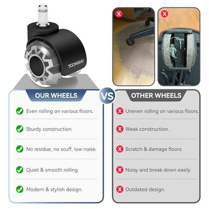 2 Inch Replacement Office Chair Wheels for IKEA Chair, Computer Gaming Castor for Carpet, Stem 3/8-7/8, Set of 5 for Furniture Hardwood Hard Floors Chair Caster Tile Smooth Safe Quiet Rolling,(Black) - style: Fit 1KEA ( CLR & Black- 2 inch)