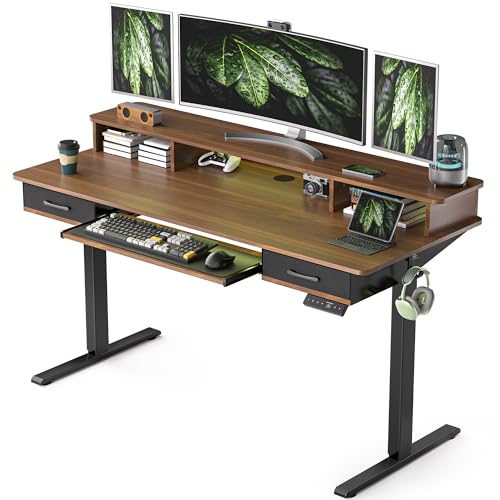 WALKINGDESK 55 Inches Electric Standing Desk with Keyboard Tray, Height Adjustable Sit to Stand Table with 2 Drawers, Ergonomic Home Office Desk with Storage Shelf, Computer Table, Black Walnut - color: Black Walnut, size: 55x24