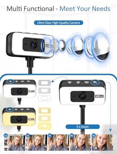 Webcam for PC, 4K Streaming Camera with Light, Web Camera for Desktop/Laptop Computer Webcam with Microphone, Plug and Play USB Web Cam with Bracket, for Video Calls and Meetings