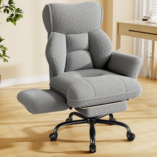 DurayLoly Big and Tall Office Chair with Footrest & Adjustable Armrests | 145° Reclining Backrest, Soft Teddy Fleece, Height Adjustable & 360° Swivel for Home Office, Bedroom - Grey - color: Grey