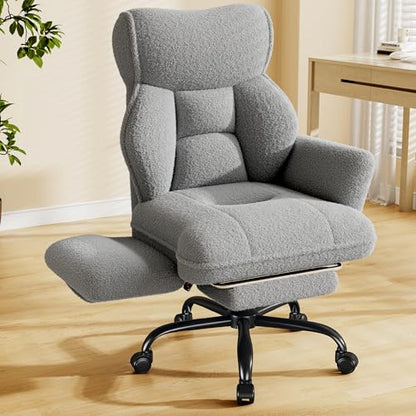 DurayLoly Big and Tall Office Chair with Footrest & Adjustable Armrests | 145° Reclining Backrest, Soft Teddy Fleece, Height Adjustable & 360° Swivel for Home Office, Bedroom - Grey - color: Grey