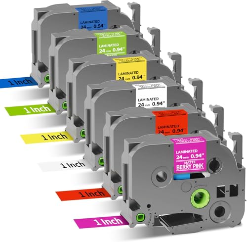 Compatible with Brother Label Maker Tape 1 Inch TZe 24mm 0.94" | Laminated Colored P-Touch Tape Compatible with Brother PT-P710BT PT-D610BT PT-2300, White/Red/Yellow/Blue/Green/Pink, 6PK - color: ['Black on White/Pink/Yellow/Red/Blue/Green'], size: 1 Inch