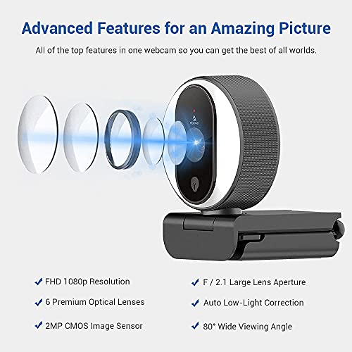 NexiGo N680E 1080P Webcam with Ring Light, Privacy Cover and Dual Microphone, Advanced Auto-Focus, Adjustable Brightness, Streaming Web Camera for Zoom Skype Facetime, PC Mac Laptop Desktop - style: Webcam with Light