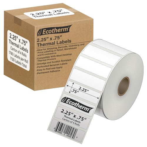 2.25" x .75" Thermal Labels | 4 Rolls | 7120 Labels | fits Zebra, Munbyn, Rollo, Godex, Arkscan, iDPRT, Offnova Thermal Label Printers and More | Blank White Adhesive Stickers by Ecotherm - size: 2.25 x .75 - 7120 Labels