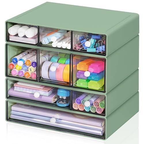 Desk Storage Organizer with 9 Drawers, 4 Tiers Stackable Desktop Craft Storage Drawers, Clear Storage Box Caddy for Stationary Makeup Jewelry Office Craft Supplies (Green) - color: Green