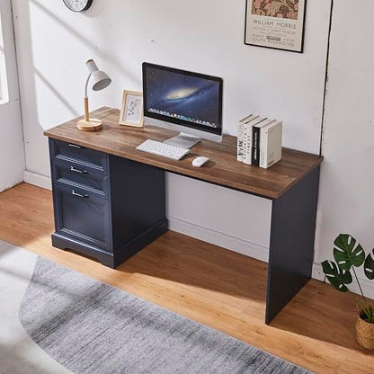 60" Farmhouse Executive Desk with Charging Station,Home Office Desk with 2 Drawers &1 File Cabinet,Wood Work Desk for Office and Home (Blue) - color: Blue