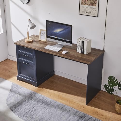 60" Professional Office Desk with Charging Station,Business Desk with 2 Drawers &1 File Cabinet,Farmhouse Executive Desk for Office and Home (Navy Blue) - color: Navy Blue