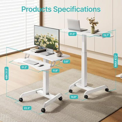 PEGZONE 31'' Standing Rolling Desk with Keyboard Tray for Classroom, White
