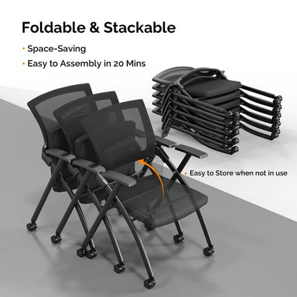 Stackable Office Chair with Wheels - Heavy Duty Folding Chair with Padded Seat & Flex Back, 350lb Capacity - Conference, Training Room, Guest, Reception - 1 Pack, Black