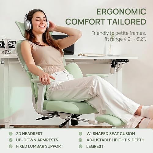 CabLady S1 High Back Ergonomic Mesh Office Chair with Footrest, 300 lbs | 115° Recline Lock, Adjust Seat Depth, 2D Arms, 3D Headrest, Detachable Lumbar Support, Breathable Mesh, BIFMA, Green - color: Butterfly Green
