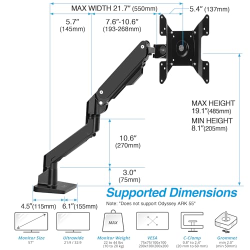 AVLT Single Monitor Arm Desk Mount for 34-57" Screens, Heavy Duty - Black | Fits One 44 lb Heavy Duty Monitor – Full Motion Height, Swivel, Tilt, Rotation – VESA 200x200, 200x100, 100x100, 75x75 - color: Black-34 to 57 Inch