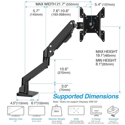 AVLT Single Monitor Arm Desk Mount for 34-57" Screens, Heavy Duty - Black | Fits One 44 lb Heavy Duty Monitor – Full Motion Height, Swivel, Tilt, Rotation – VESA 200x200, 200x100, 100x100, 75x75 - color: Black-34 to 57 Inch