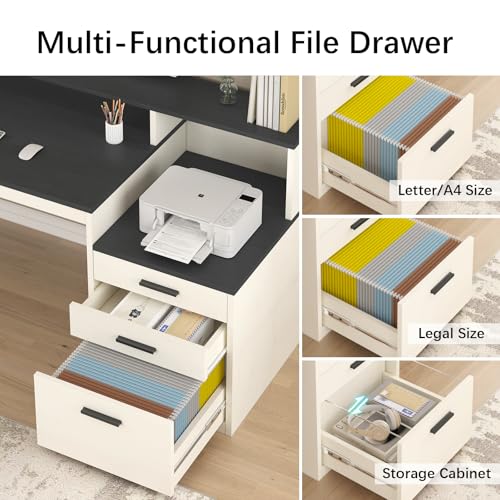 65" Computer Desk with 3 Drawers & Printer Shelf for Home Office | Office Desk with Printer Shelf & File Drawer, Executive Desk Writing Study Table with Monitor Stand, Black & White - color: Black & White