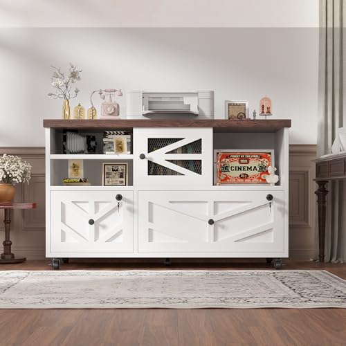 White Lateral File Cabinet with Lock, 2 Drawer Rolling Filing Cabinet for Home Office, Mobile Storage Cabinet with Open Shelves & Sliding Door, Fits Legal/Letter/A4 Files, Herringbone Design - color: White Herringbone-2 Drawers
