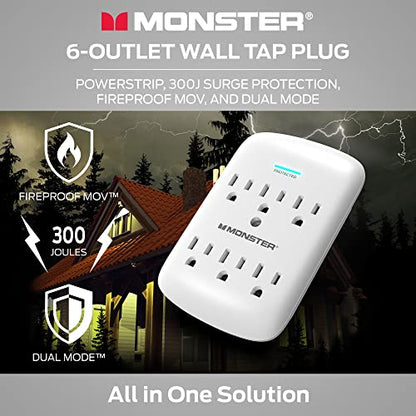 Monster 5000W Surge Protector Power Strip, 6 Outlet Wall Outlet Extender, 120V, 300 Joules Surge Protection, ETL Certified, LED Ground Indicator, Compact Wall Tap, White