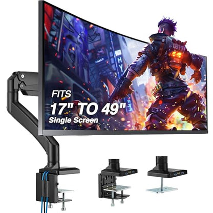 AVLT Single 17"-49" Super Ultrawide Monitor Arm Desk Mount Black | Screens up to 50 lbs Premium Aluminum Stand Adjustable Pneumatic Height Full Motion Swivel Tilt Rotation USB 3.0 & AUX Ports - color: Black