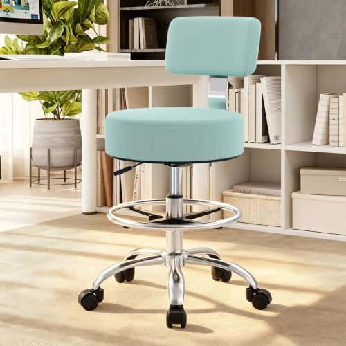 Office Drafting Chair with Footrest, Tall Height Adjustable Stool with Back Support, Heavy Duty Rolling Stool Chair with Wheels for Office Home Kitchen Bar Shop Guitar Studio Vanity, Mint Blue - color: Mint Blue