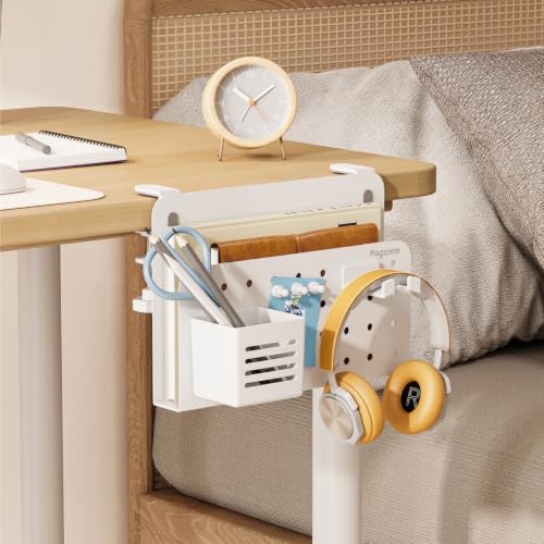 PEGZONE Desk Side Storage Organizer, Fits Flat Edge 0.4" to 2.2", White | No Drill Under Desk Laptop Holder, Clamp on Desks Shelf with Pegboard Accessories, Hanging Laptop Mount - color: White