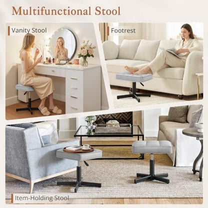 LUE BONA Adjustable Vanity Stool, 15''-19.5'' Foot Rest Under Desk, 360° Swivel Vanity Chair for Makeup Room, Silver Upholstered Faux Leather Ottoman for Bathroom & Living Room, 300lbs - color: Silver