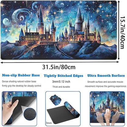 Blue Castle Desk Mat Aesthetic Cute Desk Pad, Extended Large Mouse Pad XXL Gaming Keyboard Pad, Computer Desktop Mouse Mat Full Desk Laptop Mat, Fantasy Art Office Desk Accessories 31.5" x 15.7" - color: Painted Castle