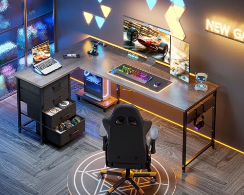 AODK 61" L Shaped Gaming Desk with 4 Drawers and Power Outlets, Grey - color: Grey, size: 61 Inch