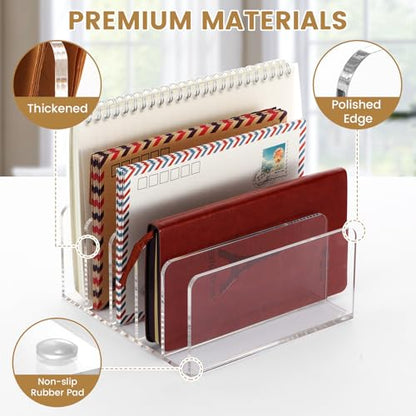 Mail Organizer Countertop, Stylish Acrylic 5 Compartments Mail Holder, Small Desk File Storage Holders for Letter, Bill, Mail Sorter, Desktop Letter Folder Holders for Office, Home, School