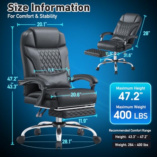 DurayLoly Big and Tall Office Chair, Retractable Footrest, 145° Recline - color: Black