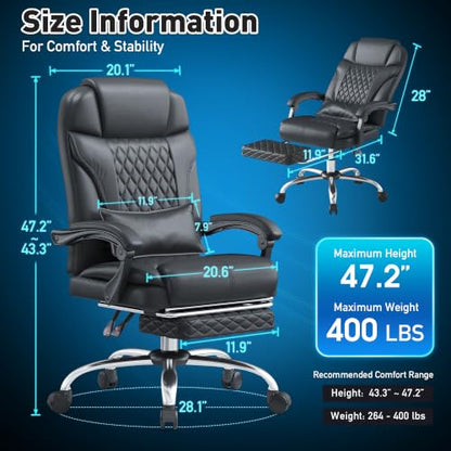 DurayLoly Big and Tall Office Chair, Retractable Footrest, 145° Recline - color: Black