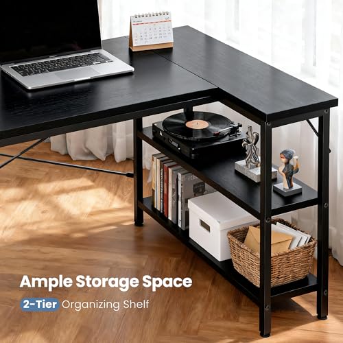 DUMOS L Shaped Computer Desk, 47" Gaming Corner Desks with Shelves | Home Office PC Table, Writing Working Study Desk with Reversible Layout, Bedroom Dorm, Black