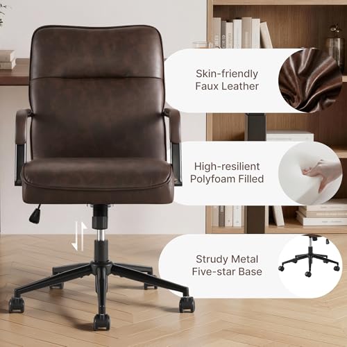 KISLOT Ergonomic Home Office Chair with Lumbar Support, Adjustable Swivel Modern Desk Chair with Wheels, Faux Leather Computer Chair with Padded Arms, Comfy Executive Office Chair, 2 PCS, Espresso - color: Espresso, size: Set of 2