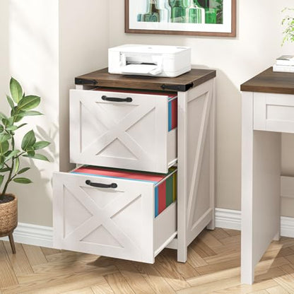 Halitaa Farmhouse File Cabinet with 2 Drawers for Home Office, Rustic White | Vertical Filing Cabinet Fits Letter and A4 Size, Farmhouse Printer Stand, Under Desk Wooden File Cabinet - color: Rustic White