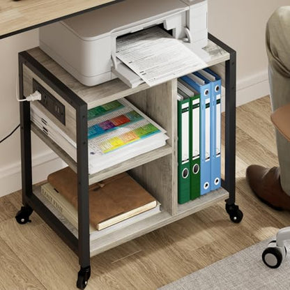 Garvee 3-Tier Printer Stand, Rolling Under Desk Printer Cart with Lockable Wheels, Industrial Mobile Printer Table with Power Outlets, USB Ports & Paper Storage Shelf for Home, Office, Retro Gray - color: Retro Gray