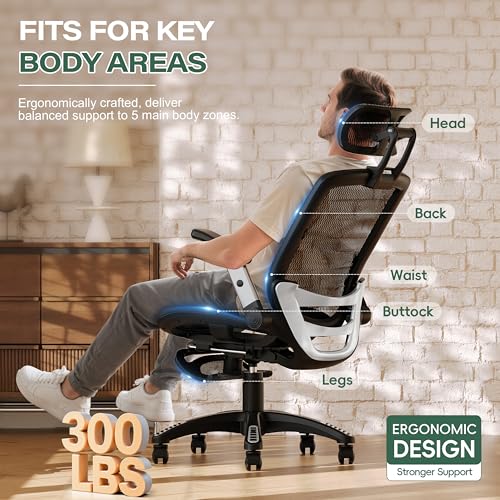 GABRYLLY Ergonomic Office Chair with Footrest, High Back Home Desk Chair - 3D Headrest, Flip-Up Arms, 135° Tilt and Wide Cushion, Heavy Duty Mesh Chairs for Task Computer Gaming, GYB01-FT - color: Obsidian Black