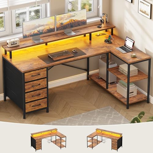 SEDETA L Shaped Desk with 4 Drawers, Shelves, Power Outlets, Rustic Brown - color: Rustic Brown