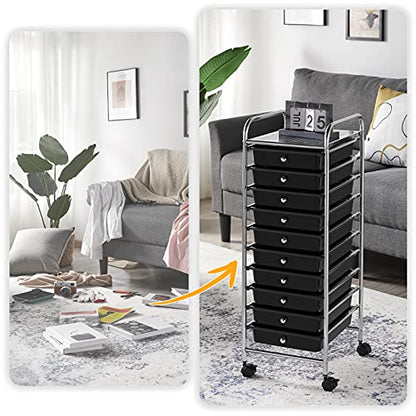Yaheetech 10-Drawer Rolling Storage Cart with Wheels, Slim Organizer, Black - color: Black, style: 10 Drawers
