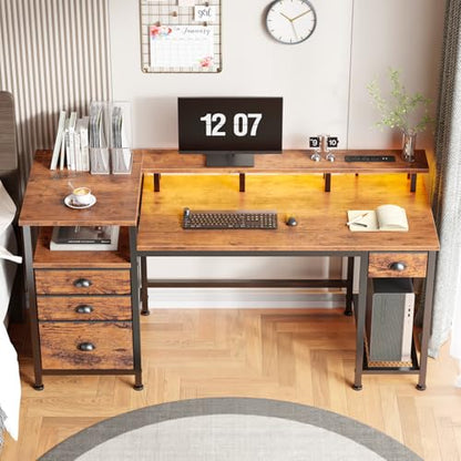 Furologee 60" Computer Desk with 4 Drawers, Power Outlet, LED, Rustic Brown - color: Rustic Brown, size: 60 Inch