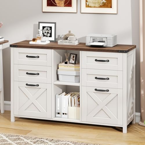 Farmhouse Lateral Filing Cabinet, Lateral File Cabinet with 6 Drawers and Adjustable Shelf, Large Printer Stand with 2 File Drawers for Letter/A4 Size Hanging Files for Home Office, Rustic White - color: Rustic White, size: 13.9"D x 27.7"W x 43.4"H
